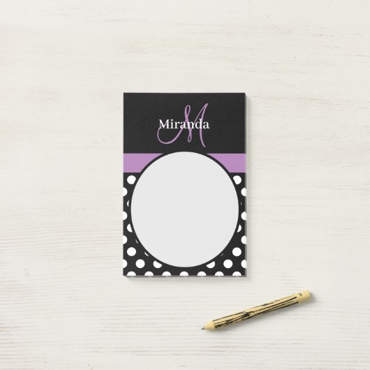 Post-it® Monogramme violet noir blanc Polka point (Sur un bureau)