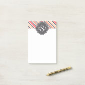 Post-it® Motif à rayures blanches gris rose monogramme (Sur un bureau)