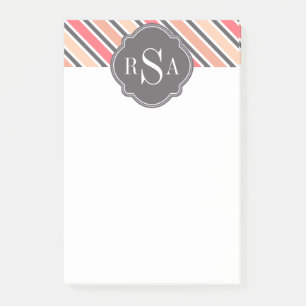 Post-it® Motif à rayures blanches gris rose monogramme