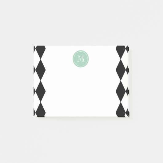 Post-it® Motif blanc noir de harlequin, monogramme vert en (Devant)