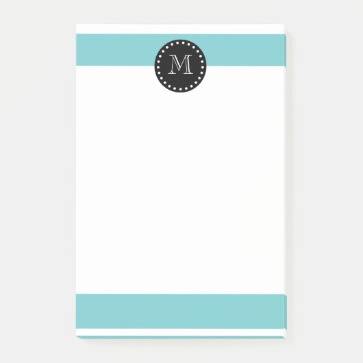 Post-it® Motif blanc turquoise de rayures, monogramme noir (Devant)