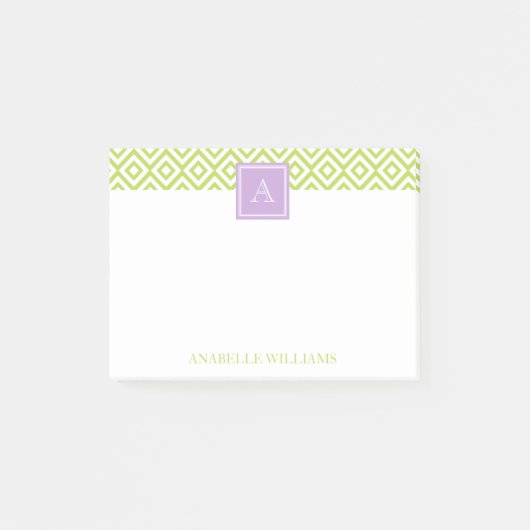 Post-it® Motif de diamants verts et monogramme pourpre (Devant)
