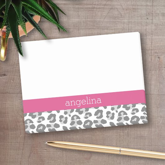 Post-it® Motif Empreinte de léopard gris avec nom rose