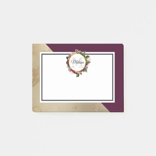 Post-it® Motif en marbre d'or et Monogramme de fleurs de Bo (Devant)