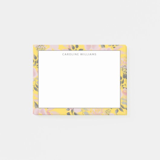 Post-it® Motif floral jaune rose gai joyeux avec nom (Devant)