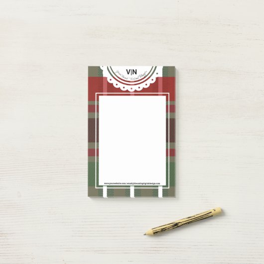 Post-it® Noël Plat Vert Rouge Dentelle Initiale (Sur un bureau)