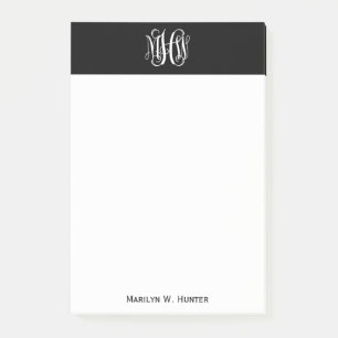 Post-it® Noir Blanc 3 Initiales Vigne Monogramme DIY Fond