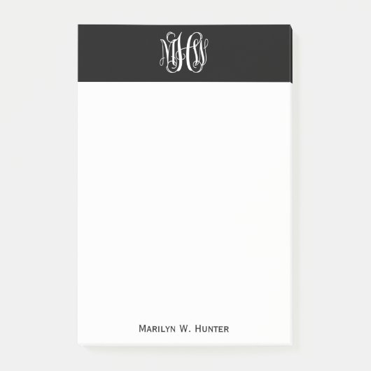 Post-it® Noir Blanc 3 Initiales Vigne Monogramme DIY Fond (Devant)
