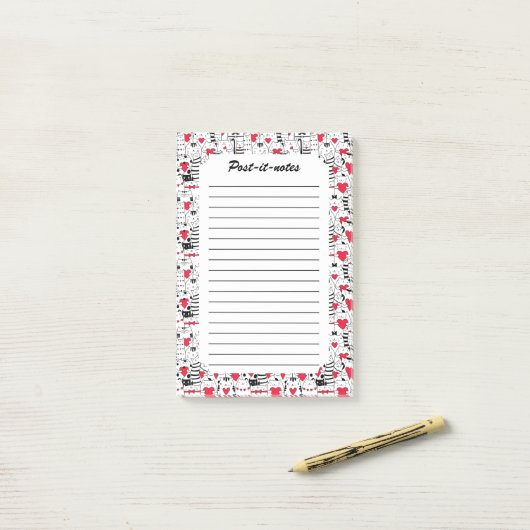 Post-it® Noir Blanc Cute Chat Coeur Rouge (Sur un bureau)