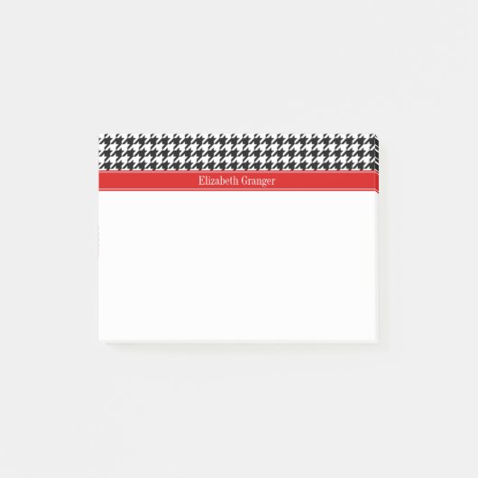 Post-it® Noir Blanc Houndstooth Nom rouge Monogramme (Devant)