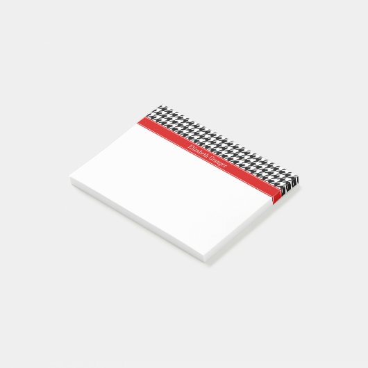 Post-it® Noir Blanc Houndstooth Nom rouge Monogramme (Incliné)