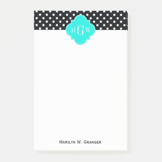 Post-it® Noir blanc Pois Aqua Quatrefoil 3 Monogramme (Devant)