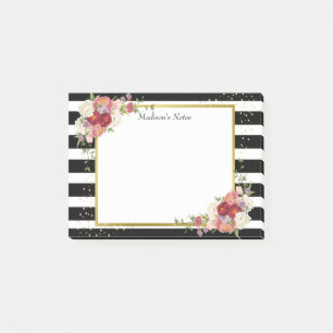 Post-it® Noir Blanc rayé Floral Or Personnalisé