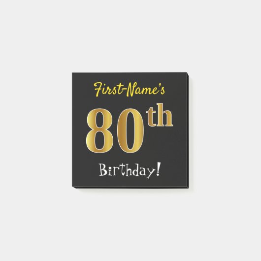 Post-it® Noir, Faux Gold 80e anniversaire, avec nom personn (Devant)