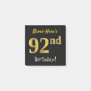 Post-it® Noir, Faux Gold 92e Anniversaire, Avec Nom Personn