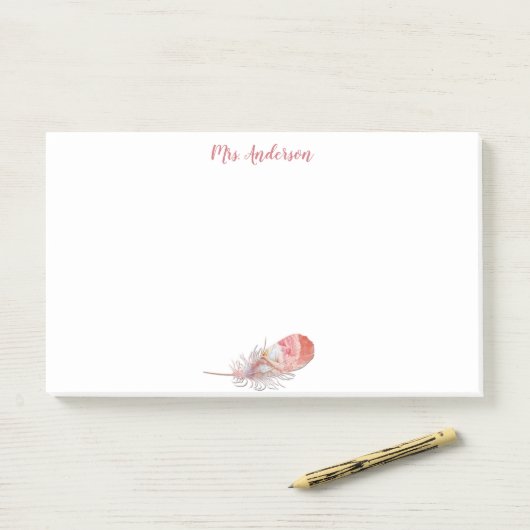 Post-it® Nom blanc rose plumé rose (Sur un bureau)