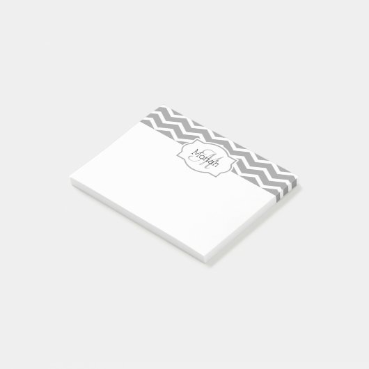 Post-it® Nom de Chevron gris et blanc Monogramme (Incliné)