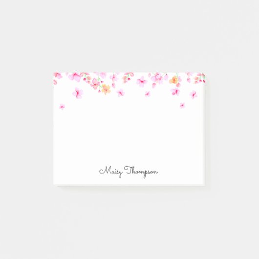 Post-it® Nom de script de fleur d'aquarelle rose élégant (Devant)