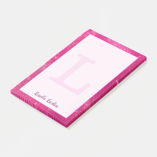Post-it® Nom du monogramme étincelant brillant rose-chaud (Incliné)