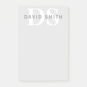 Post-it® Nom et monogramme modernes   Blanc gris clair et f
