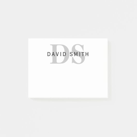 Post-it® Nom et monogramme modernes | Blanc Noir & Gris (Devant)
