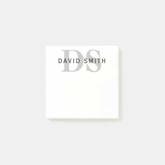 Post-it® Nom et monogramme modernes | Noir Blanc et Gris (Devant)