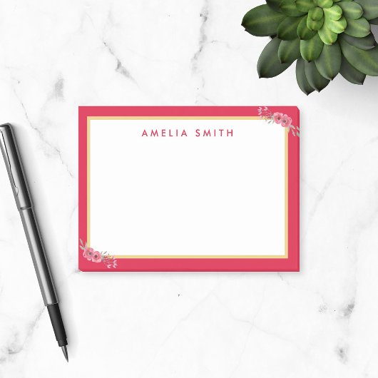 Post-it® Nom Personnalisé Chic Bordure rose Fleurs roses