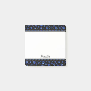 Post-it® Nom personnalisé, pattes de chien pailletées bleue