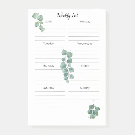 Post it Notes 4"x6" Greenery Leaves Weekly List (Voorkant)