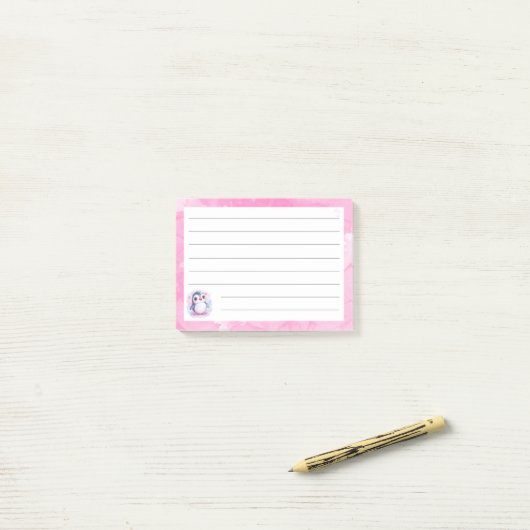 Post-it® Notes collantes rose pingouin mignon - 4"x3" (Sur un bureau)