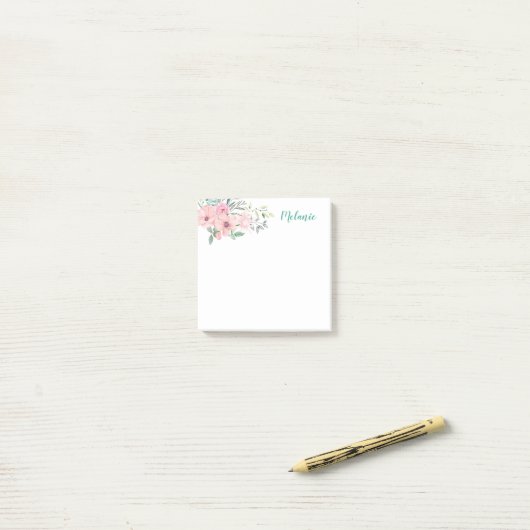 Post-it® Notes florales et botaniques roses simples (Sur un bureau)