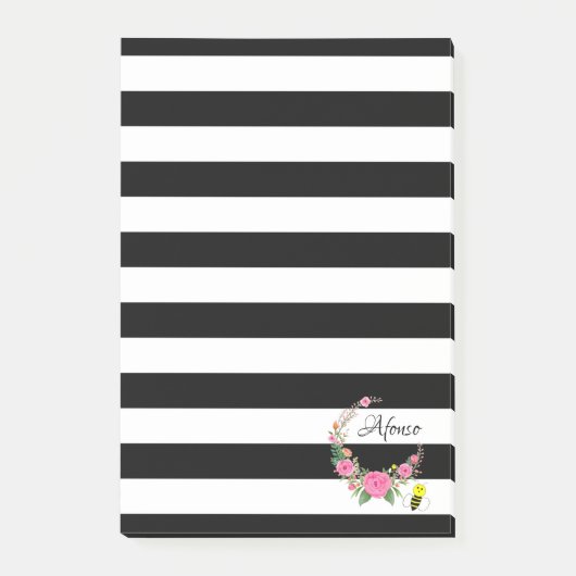 Post-it Notes Noir Rayure Bumblebee Floral (Devant)