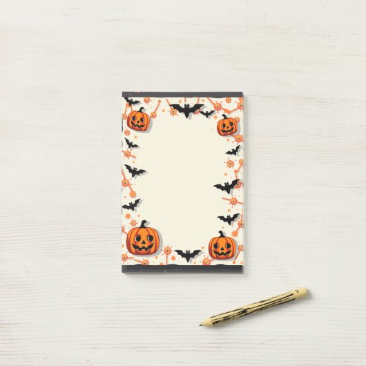 Post-it® Notes sticky Halloween avec Citrouilles et chauves (Sur un bureau)