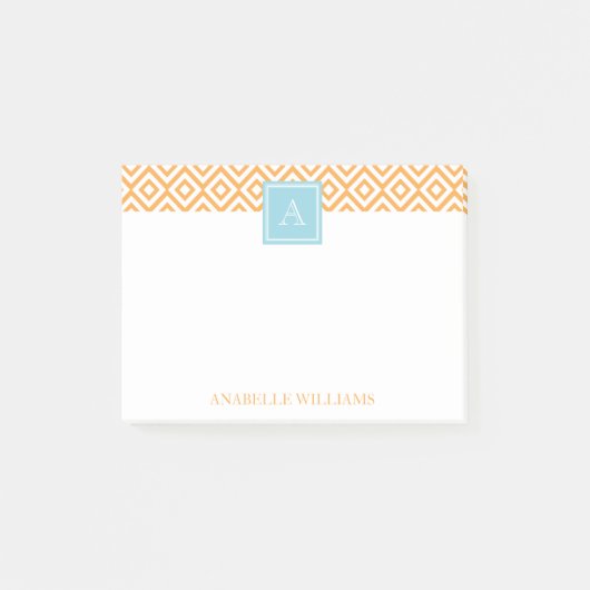 Post-it® Orange Diamonds Motif et Aqua Monogram (Devant)