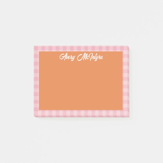 Post-it® Orange Pink Gingham Border Name In Cool Script (Devant)