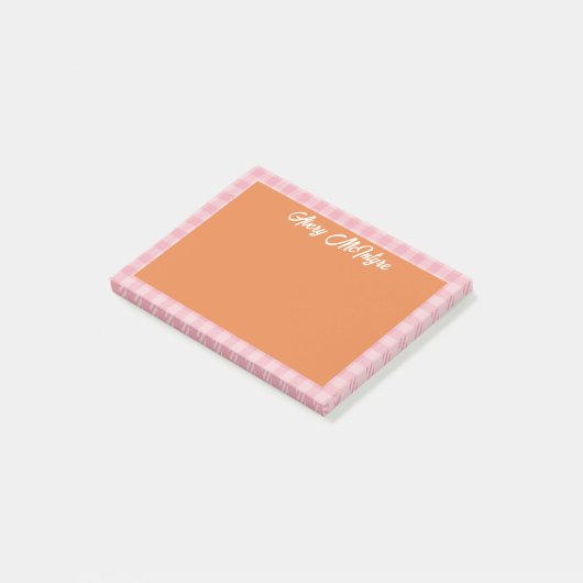 Post-it® Orange Pink Gingham Border Name In Cool Script (Incliné)
