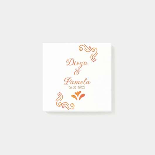 Post-it® orange yellow rustic spanish wedding couple name (Devant)