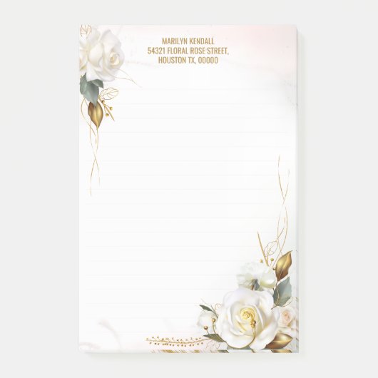 Post-it® Papeterie florale romantique Rose blanche or (Devant)