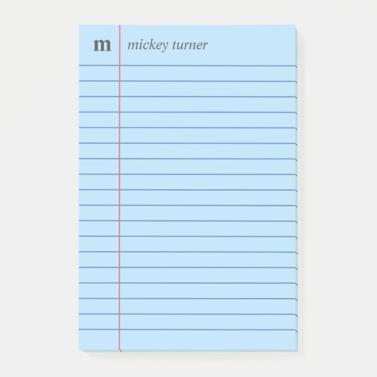 Post-it® Papier carnet Bleu Ajouter Votre Nom & Initiale (Devant)