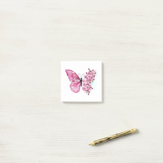 Post-it® Papillon à fleurs avec Sakura rose (Sur un bureau)