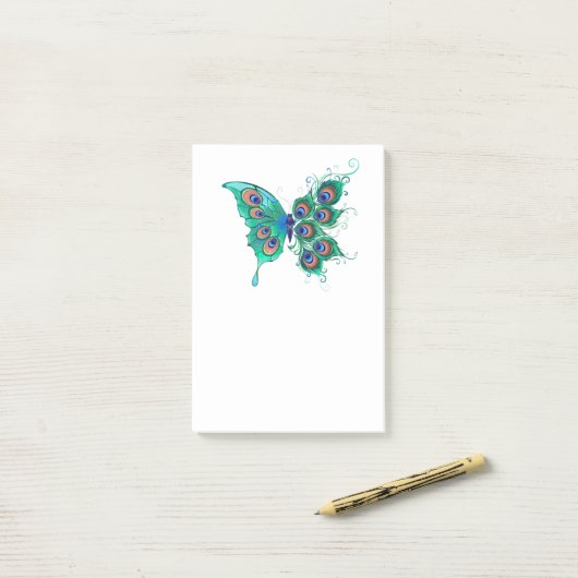 Post-it® Papillon aux plumes de paon vert (Sur un bureau)