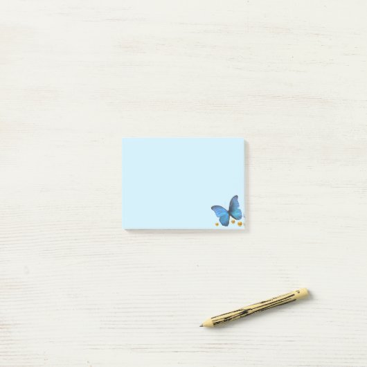 Post-it® Papillon bleu & Confetti or sur bleu clair (Sur un bureau)