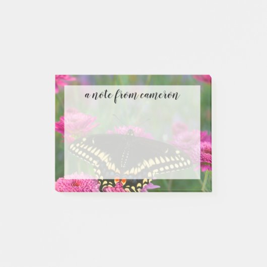 Post-it® Papillon swallowtail noir sur une fleur rose foncé (Devant)