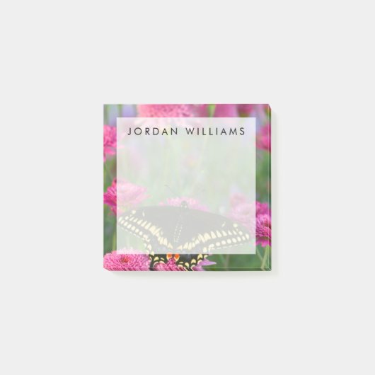 Post-it® Papillon swallowtail noir sur une fleur rose foncé (Devant)