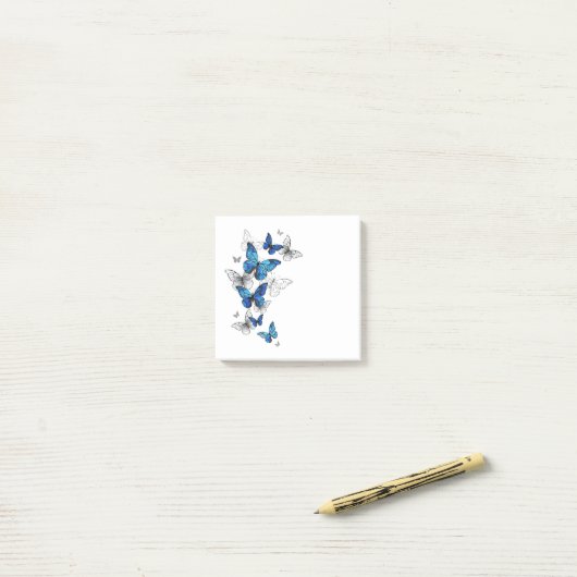 Post-it® Papillons volants bleus Morpho (Sur un bureau)