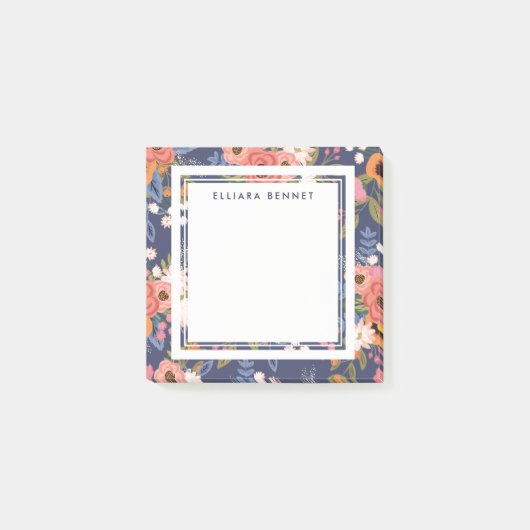 Post-it® Pastels Bleu foncé Boho Motif Floral Nom personnal (Devant)