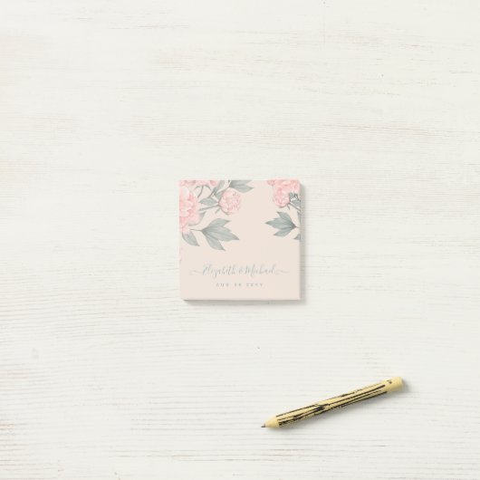 Post-it® Peach Peonies Sage Floral Budget Mariage (Sur un bureau)