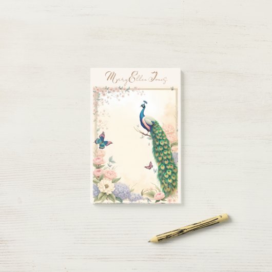 Post-it® Peacock bleu dans Pastel Flower Garden II (Sur un bureau)