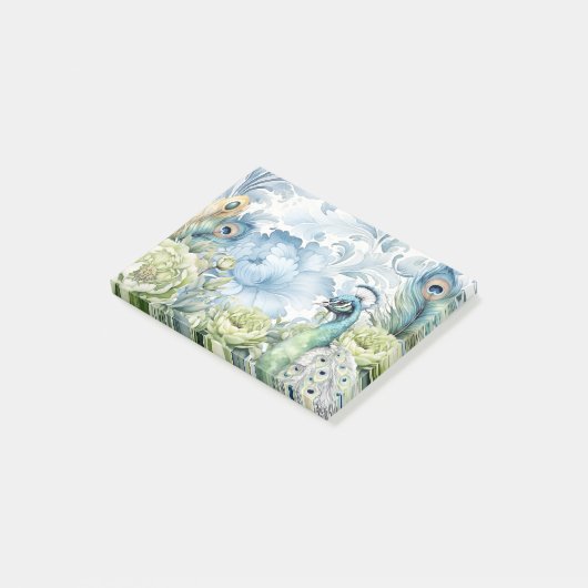 Post-it® Peacock Turquoise & Sage Feathers Floral Damask (Incliné)