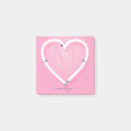Post-it® Pink Chic Neon Coeur Signer Monogramme Nom Non (Devant)